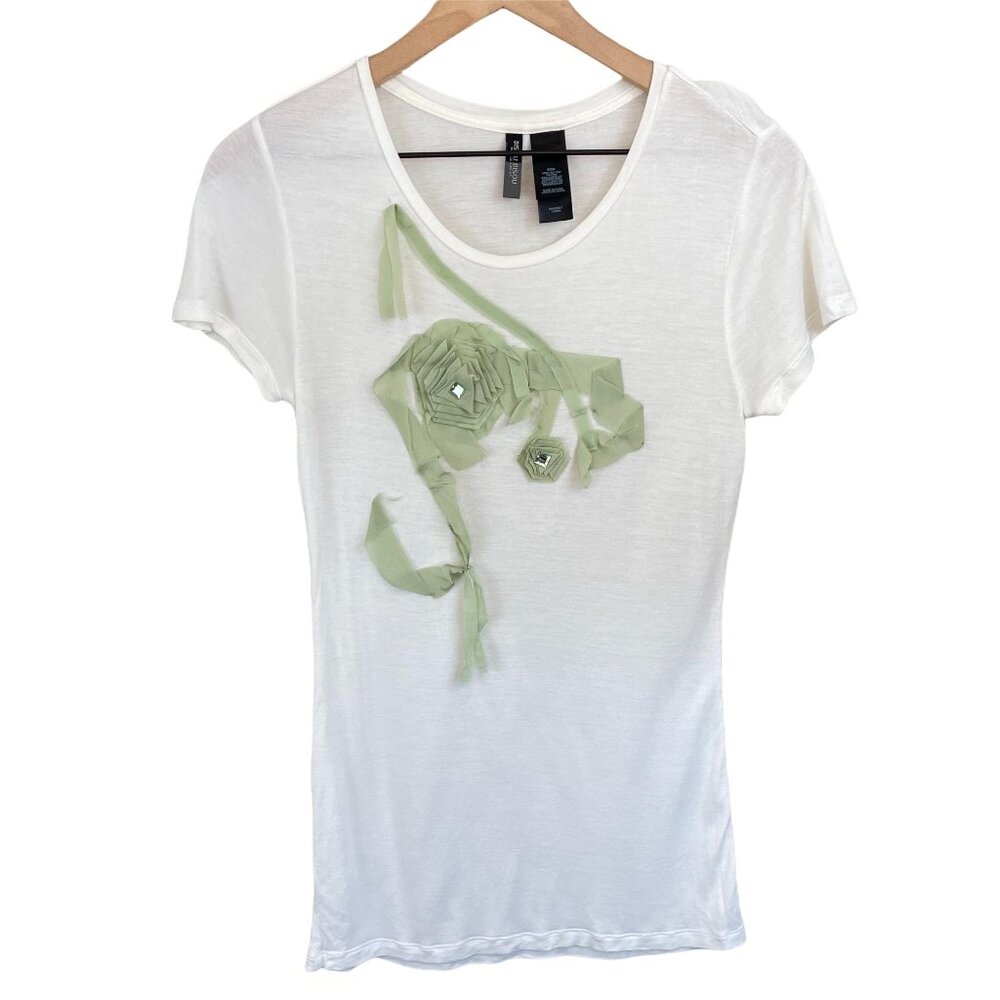 Bisou Bisou white green organza floral applique short sleeve t-shirt small